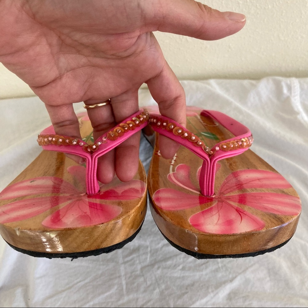 Wooden sandals with painted flowers Hibiscus Tropical Hawaii Polynesian Size XL - Picture 5 of 14